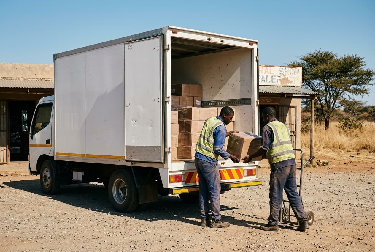 Two Deals24 delivery staff offloading cartons from a truck at a roadside shop in Limpopo