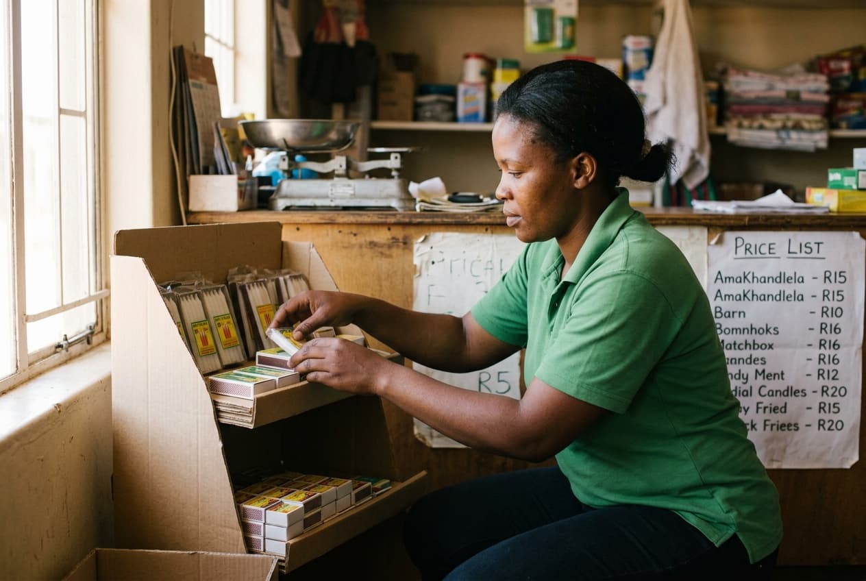 A Deals24 merchandiser setting up a cardboard display unit in a general store