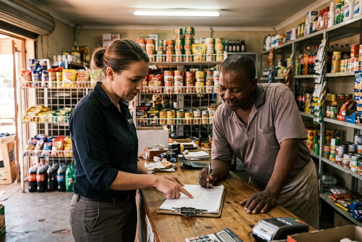 A Deals24 rep and a shop owner going through an order together at the counter